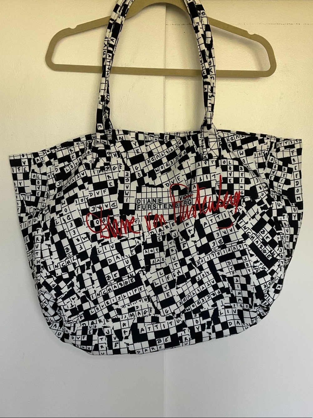 Diane von Furstenberg Black & White Crossword Canvas Tote with Red Script
